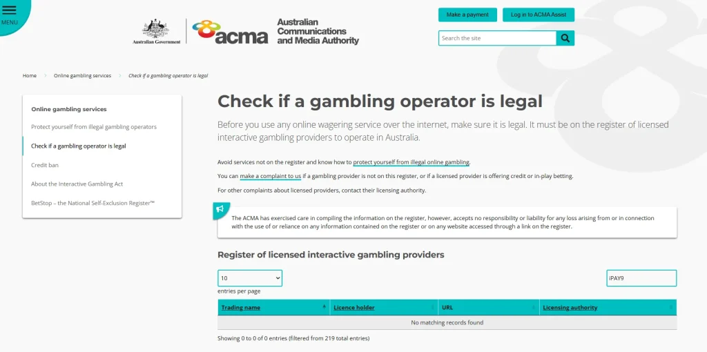 ACMA register of licensed interactive gambling providers used to check the iPAY9 name and domain