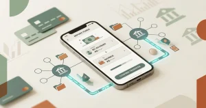 Conceptual Australian account-to-account deposit with phone and bank account symbols