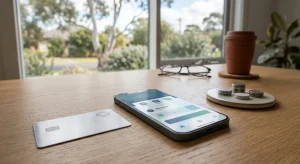Conceptual Australian online payment scene with card, bank transfer and phone payment cues