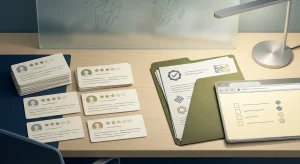 Editorial illustration of review cards, regulator records and domain checks being weighed as separate evidence